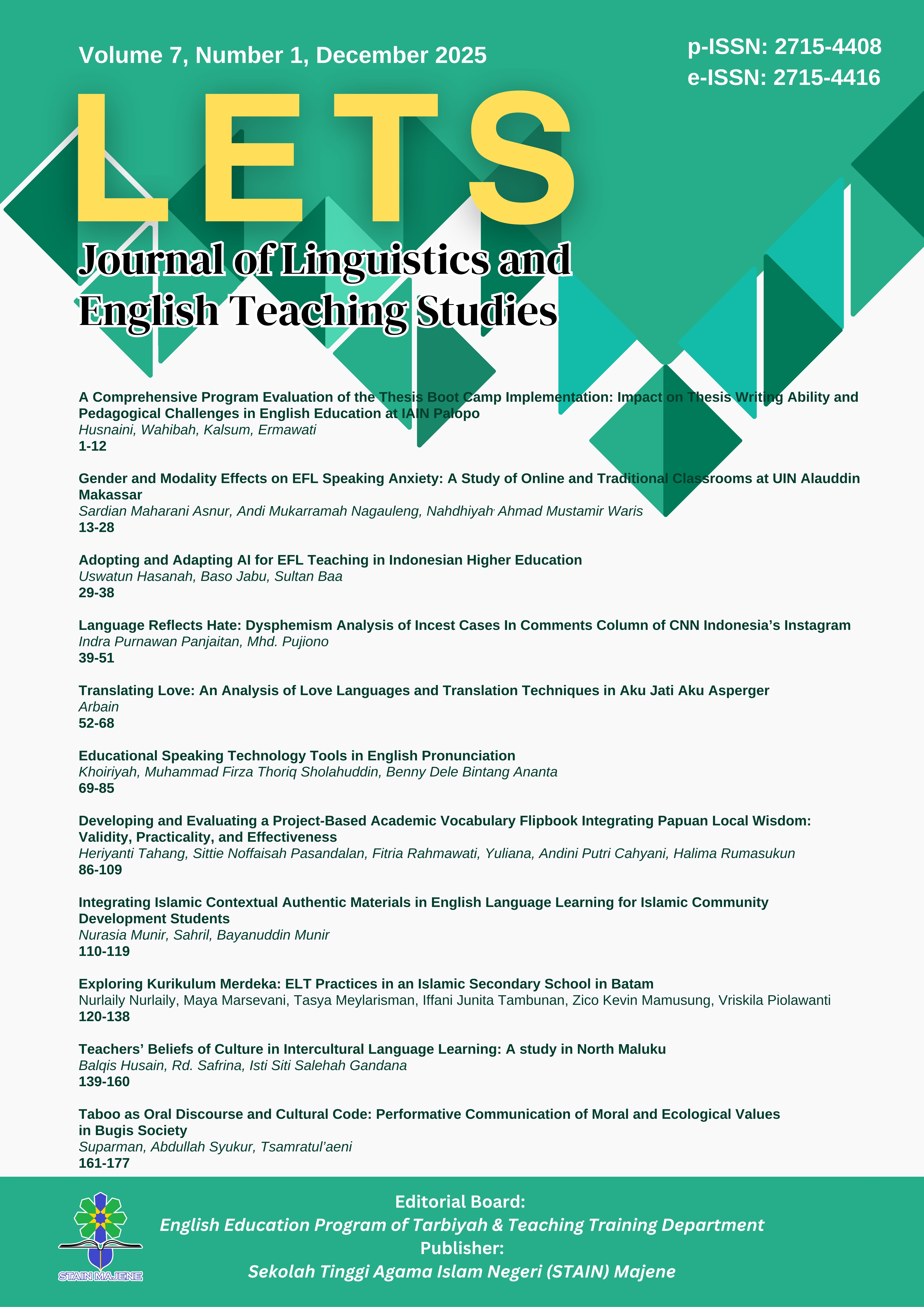 					View Vol. 7 No. 1 (2025): LETS: Journal of Linguistics and English Teaching Studies
				