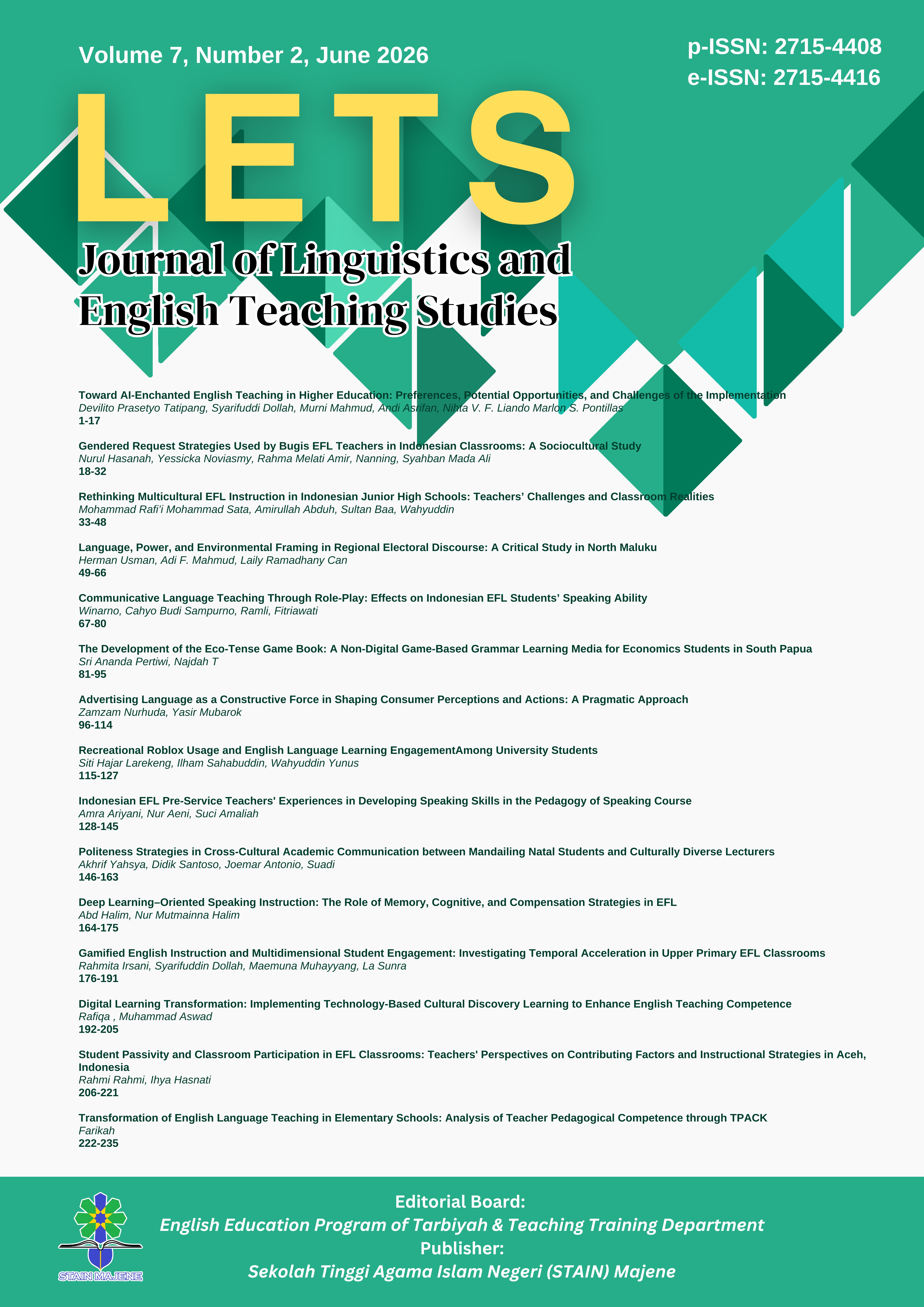 					View Vol. 7 No. 2 (2026): LETS: Journal of Linguistics and English Teaching Studies
				